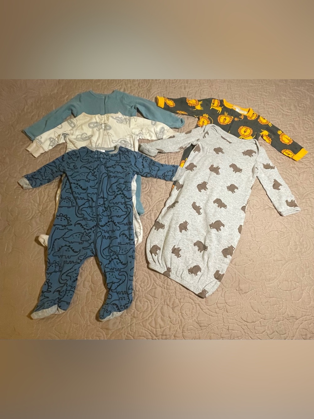 #2b Gerber Onesies Simple Joys 0-3M 5pc Cotton Footed Zip Sleepers Animals